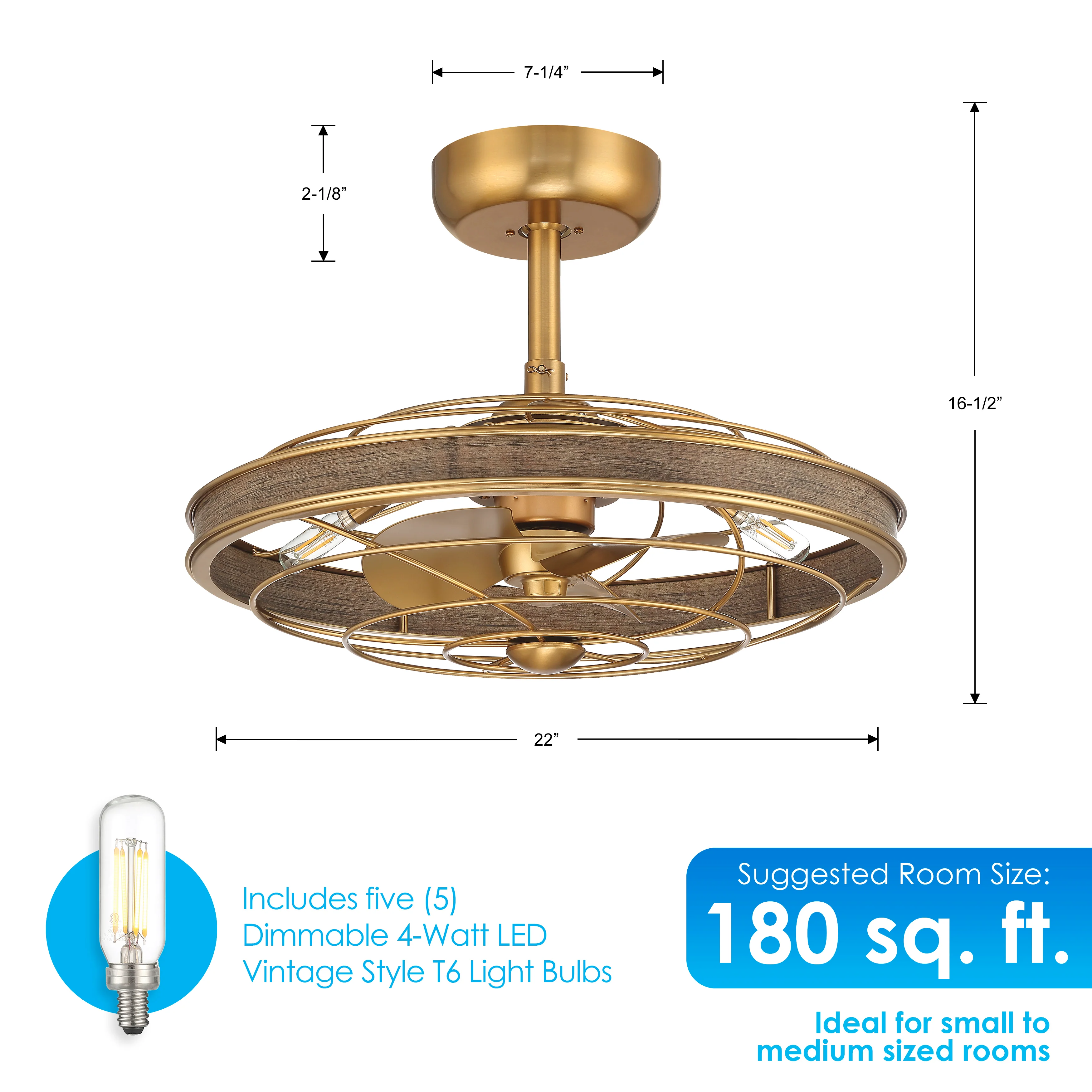 BLYNN® 22 inch Ceiling Fan with Remote Control and Dimmable Lights - Aged Brass Finish - Image 3