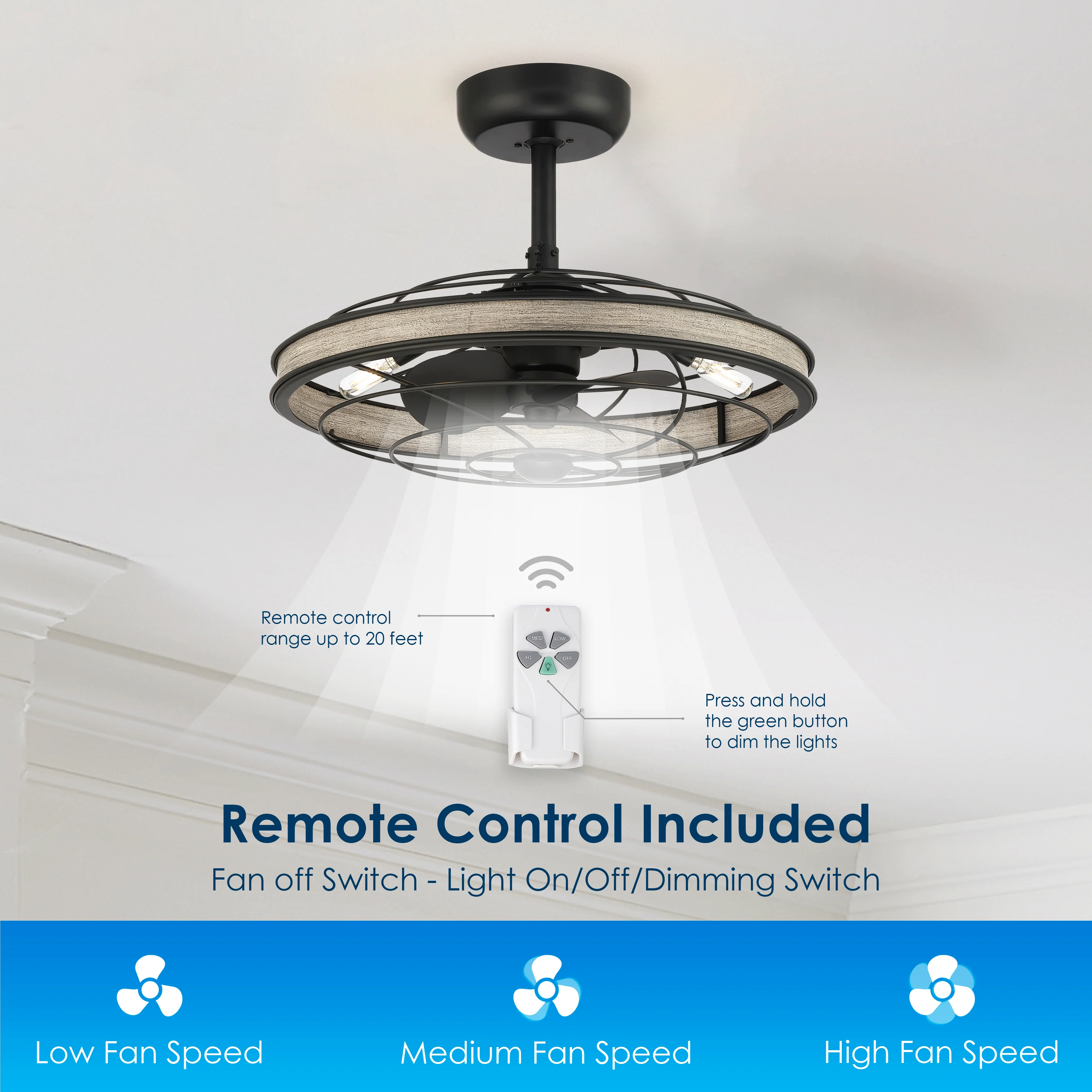 BLYNN® 22 inch Ceiling Fan with Remote Control and Dimmable Lights - Matte Black Finish - Image 3
