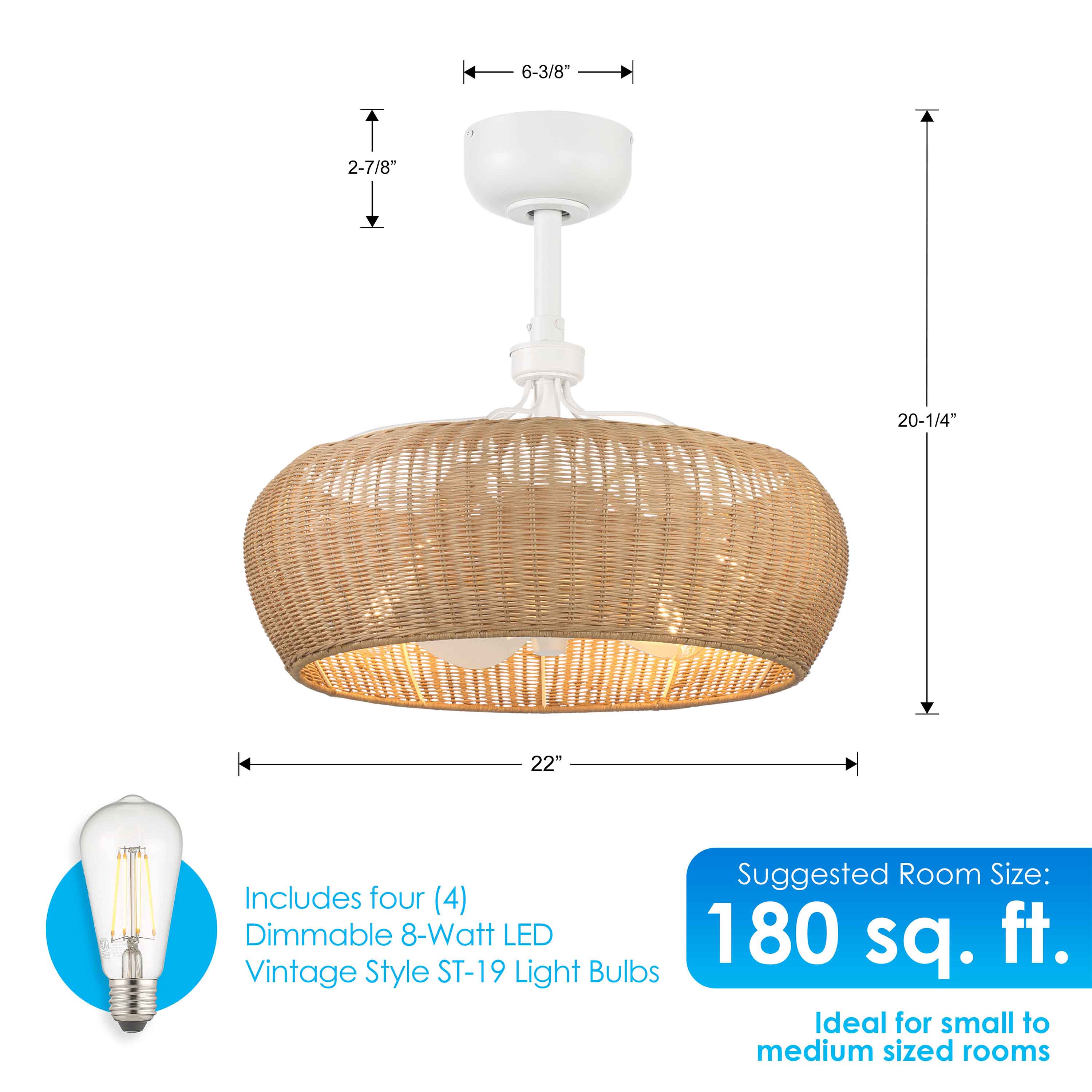 MARIBEL® Fandelier- 22" Rattan Shade Ceiling Fan- Matte White - Image 3