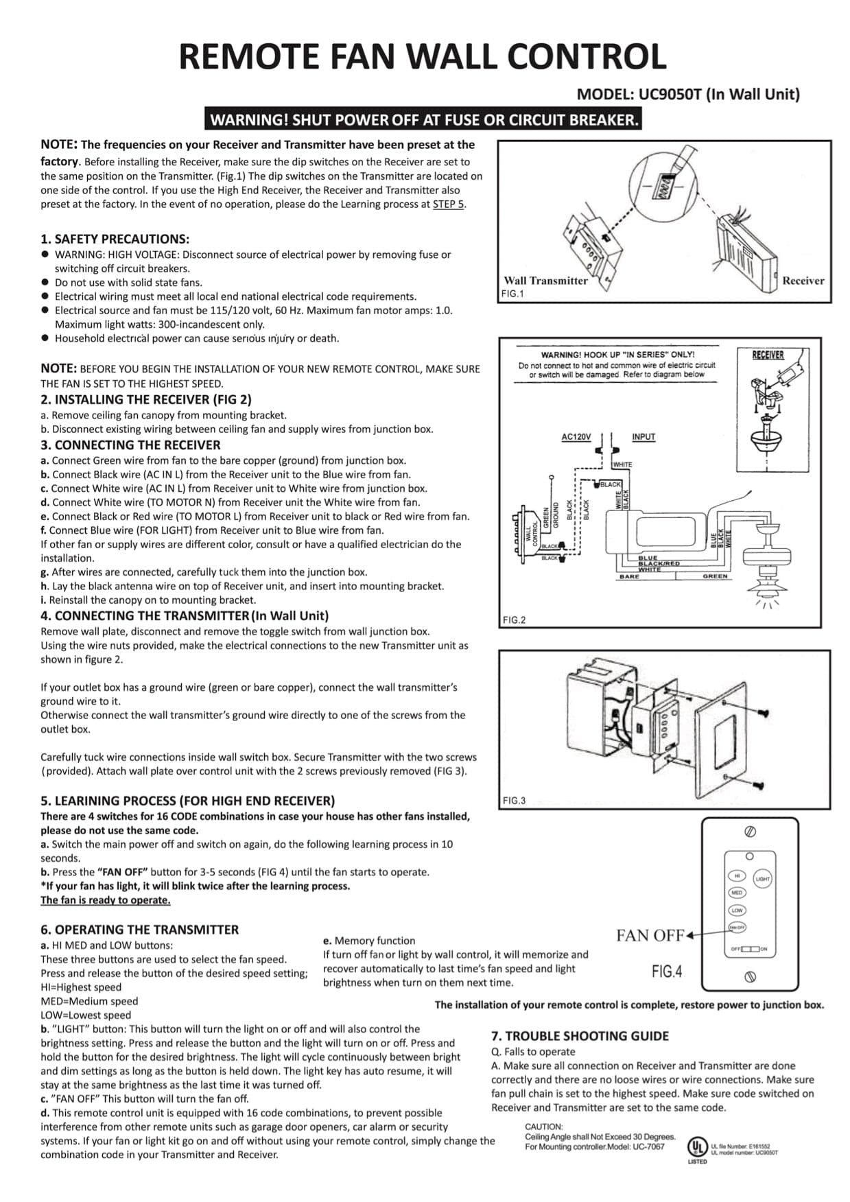 In-Wall Ceiling Fan Remote Control - AC Motor Jaxon Fandeliers Only - Image 5