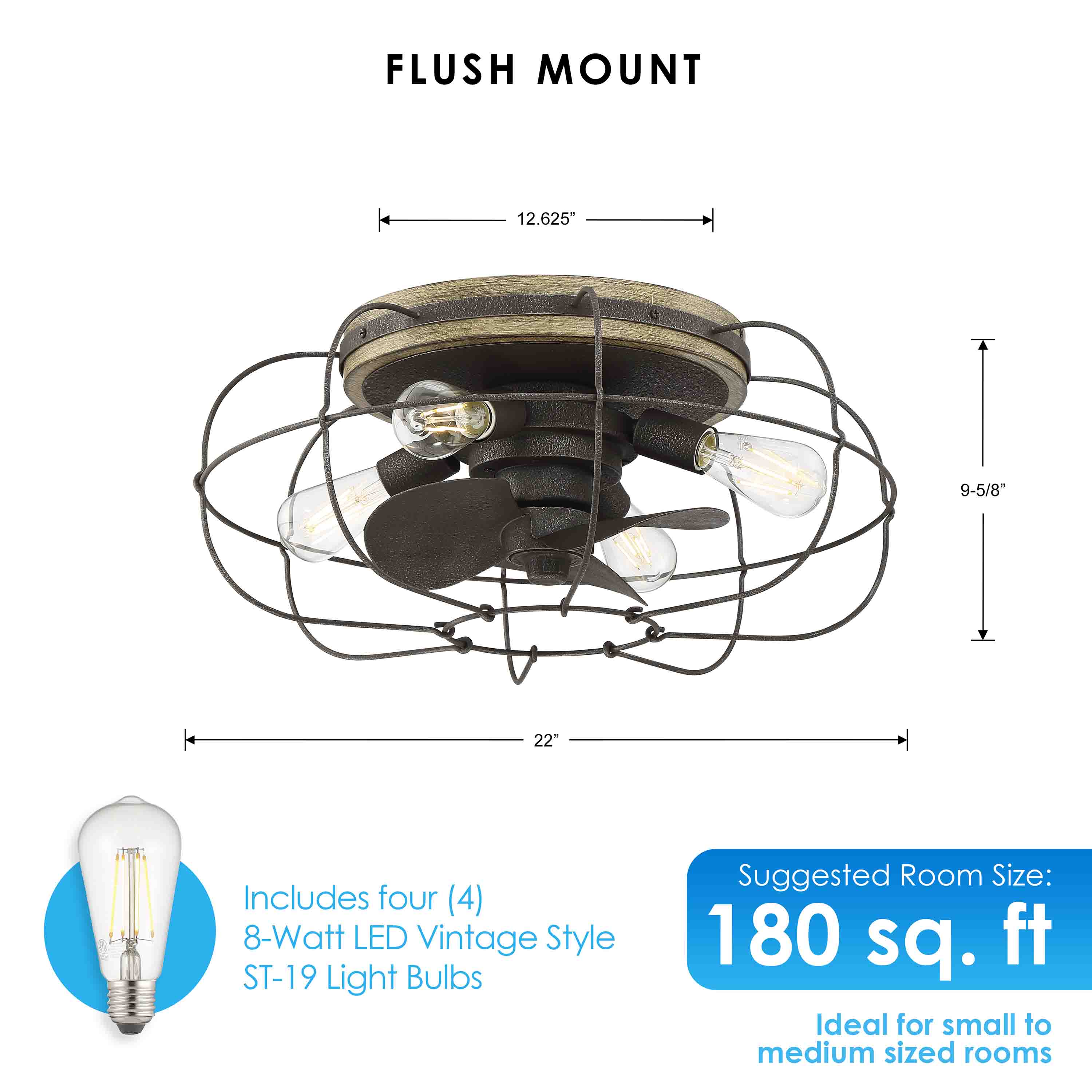 JAXON® 22" Flush Mount Caged Ceiling Fan - Charred Iron - Image 3