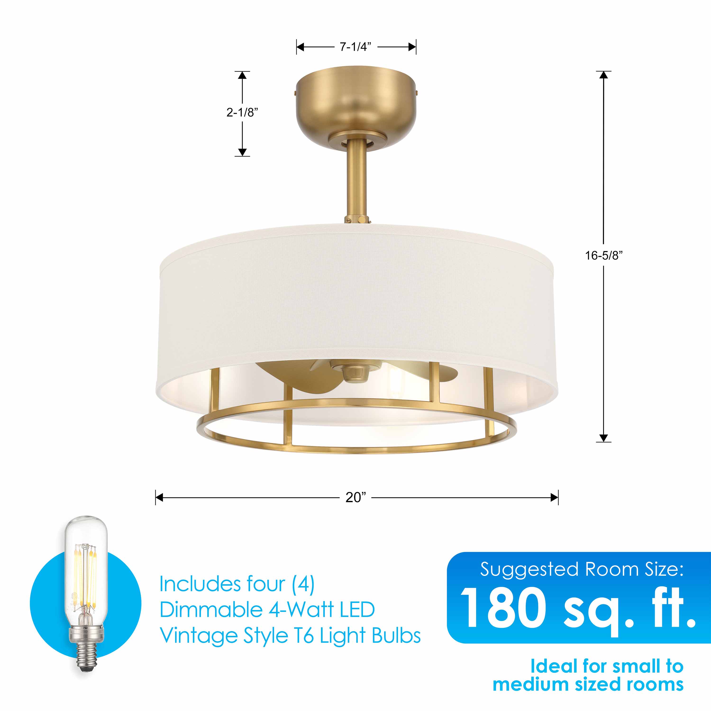 KAITI™ Fandelier 20" Drum Shade Ceiling Fan - Aged Brass - Image 4