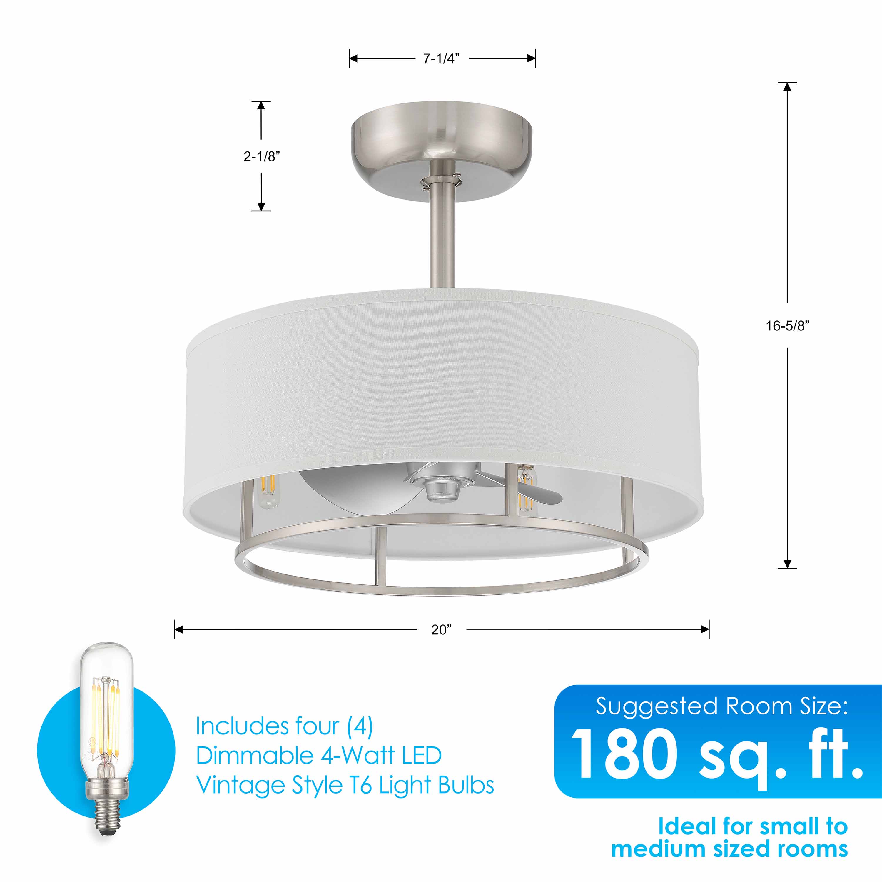 KAITI™ Fandelier- 20"Drum Shade Ceiling Fan - Brushed Nickel - Image 4