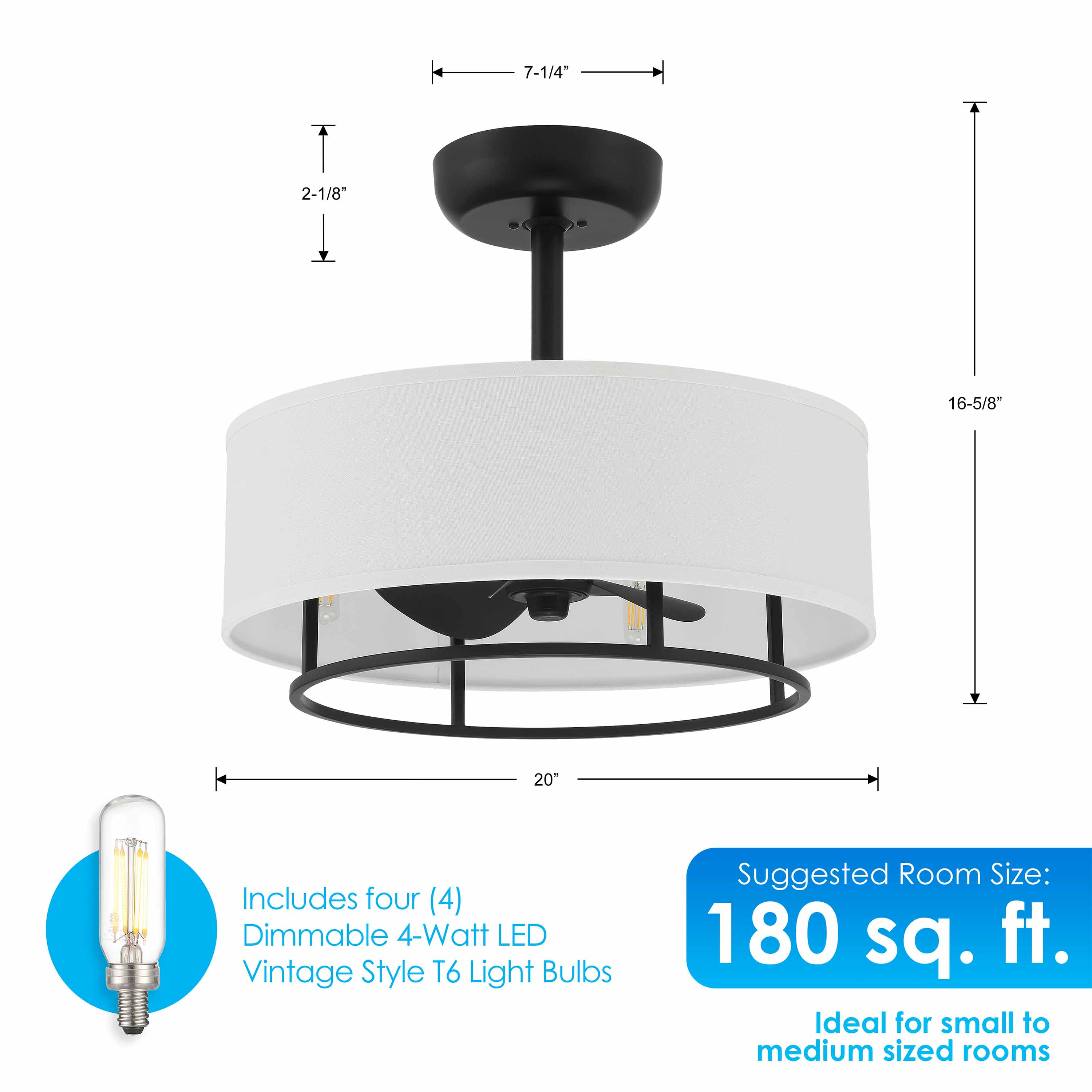 KAITI™ Fandelier - 20" Drum Shade Ceiling Fan - Matte Black - Image 4