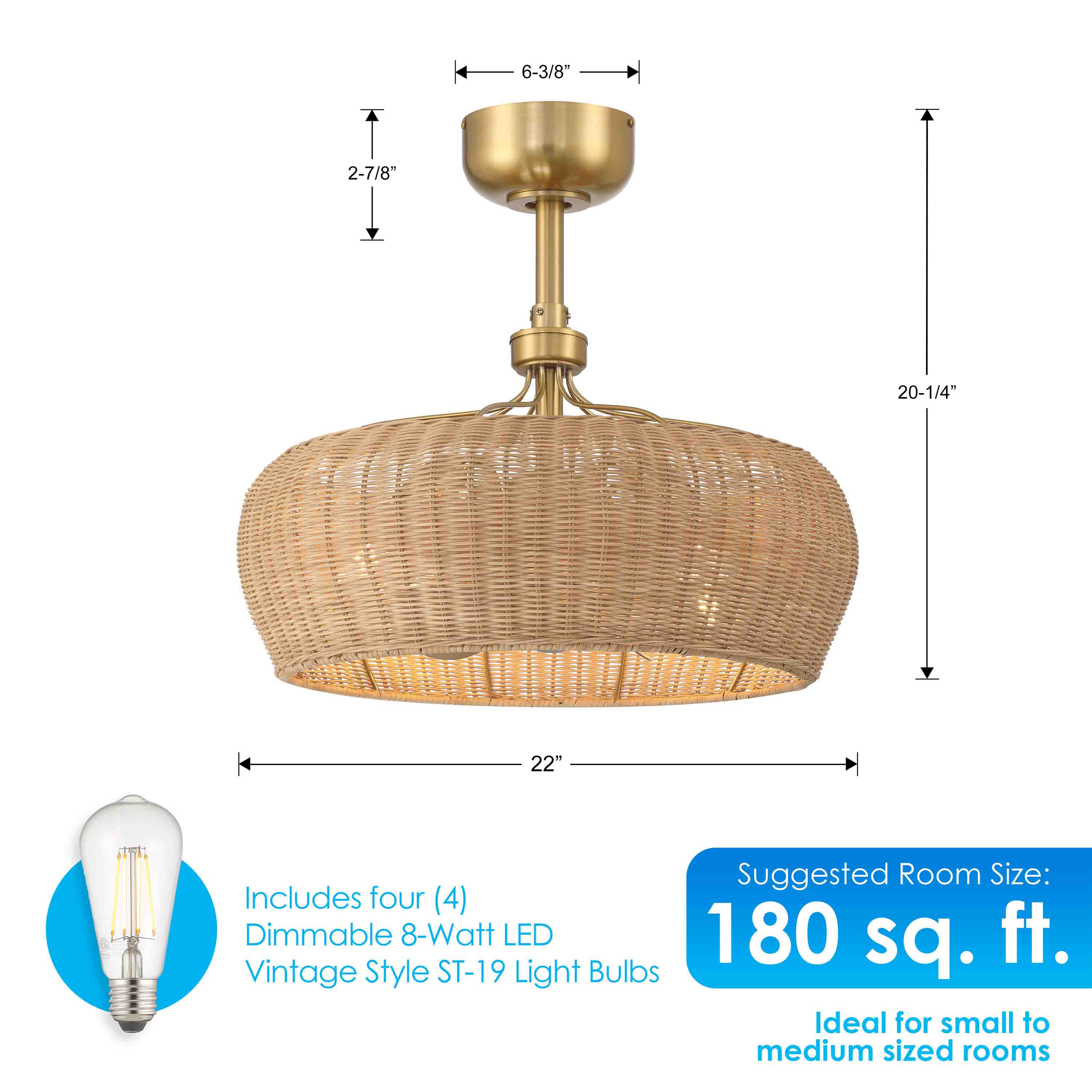 MARIBEL® Fandelier- 22" Rattan Shade Ceiling Fan- Aged Brass - Image 3