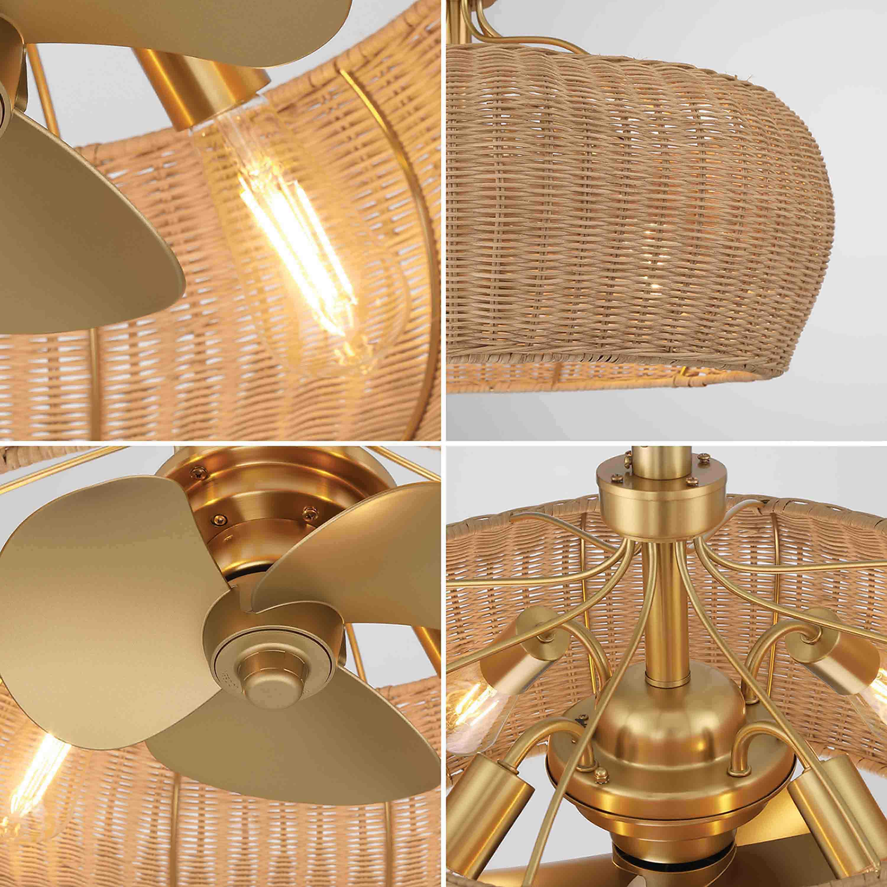 MARIBEL® Fandelier- 22" Rattan Shade Ceiling Fan- Aged Brass - Image 4