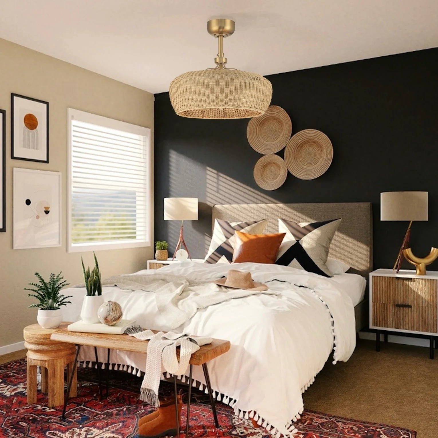 MARIBEL® Fandelier- 22" Rattan Shade Ceiling Fan- Aged Brass - Image 9