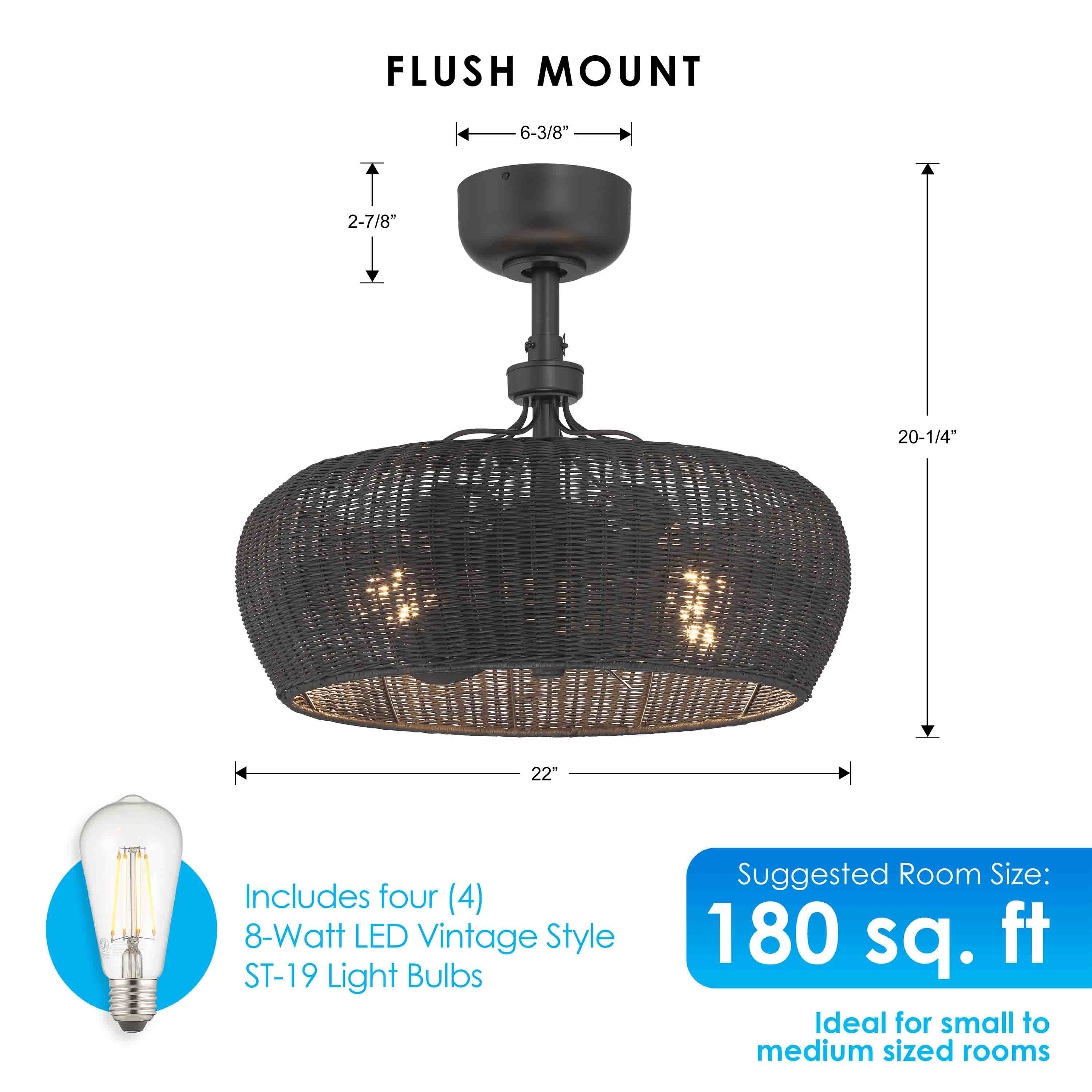 MARIBEL® Fandelier- 22" Rattan Shade Ceiling Fan- Matte Black - Image 3