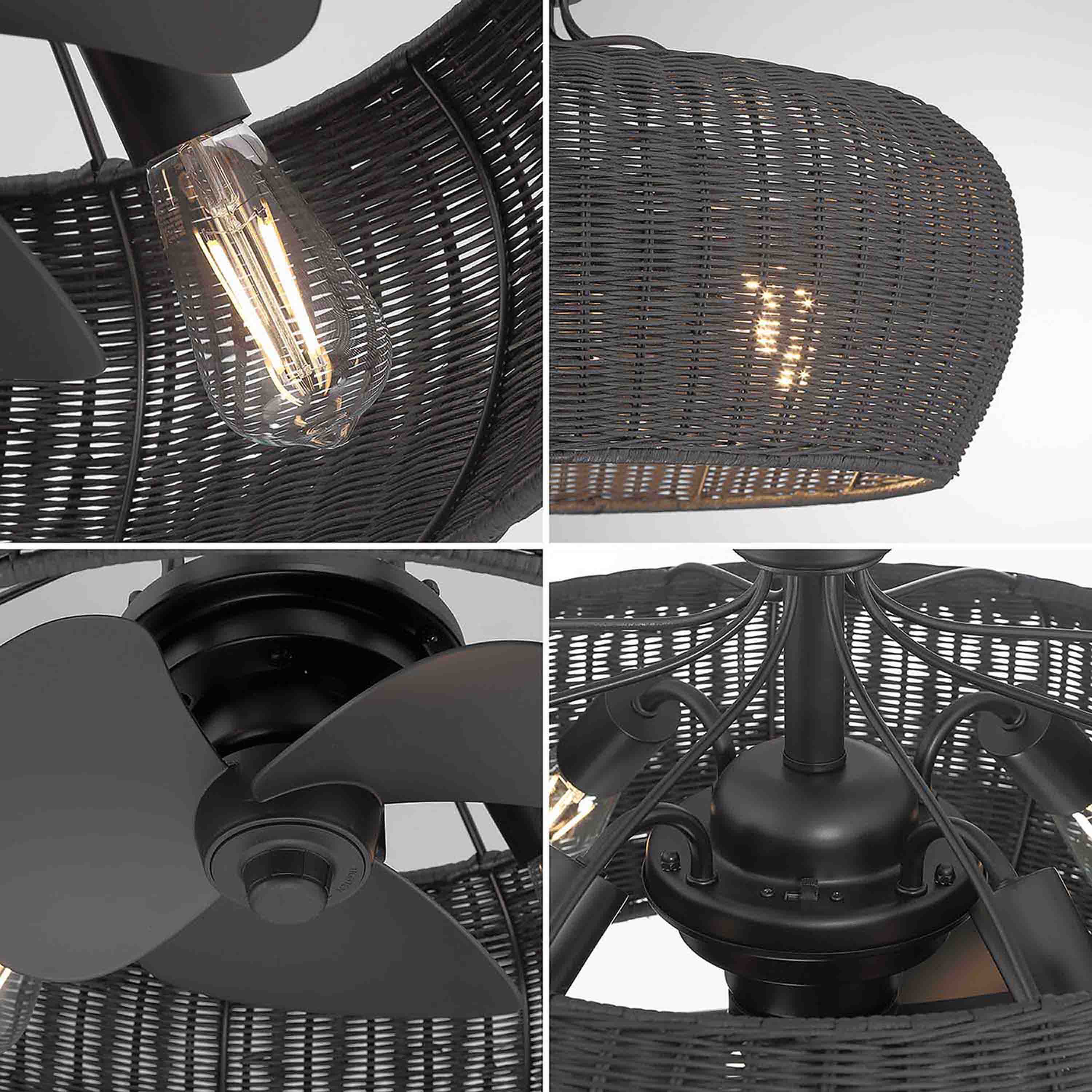 MARIBEL® Fandelier- 22" Rattan Shade Ceiling Fan- Matte Black - Image 4