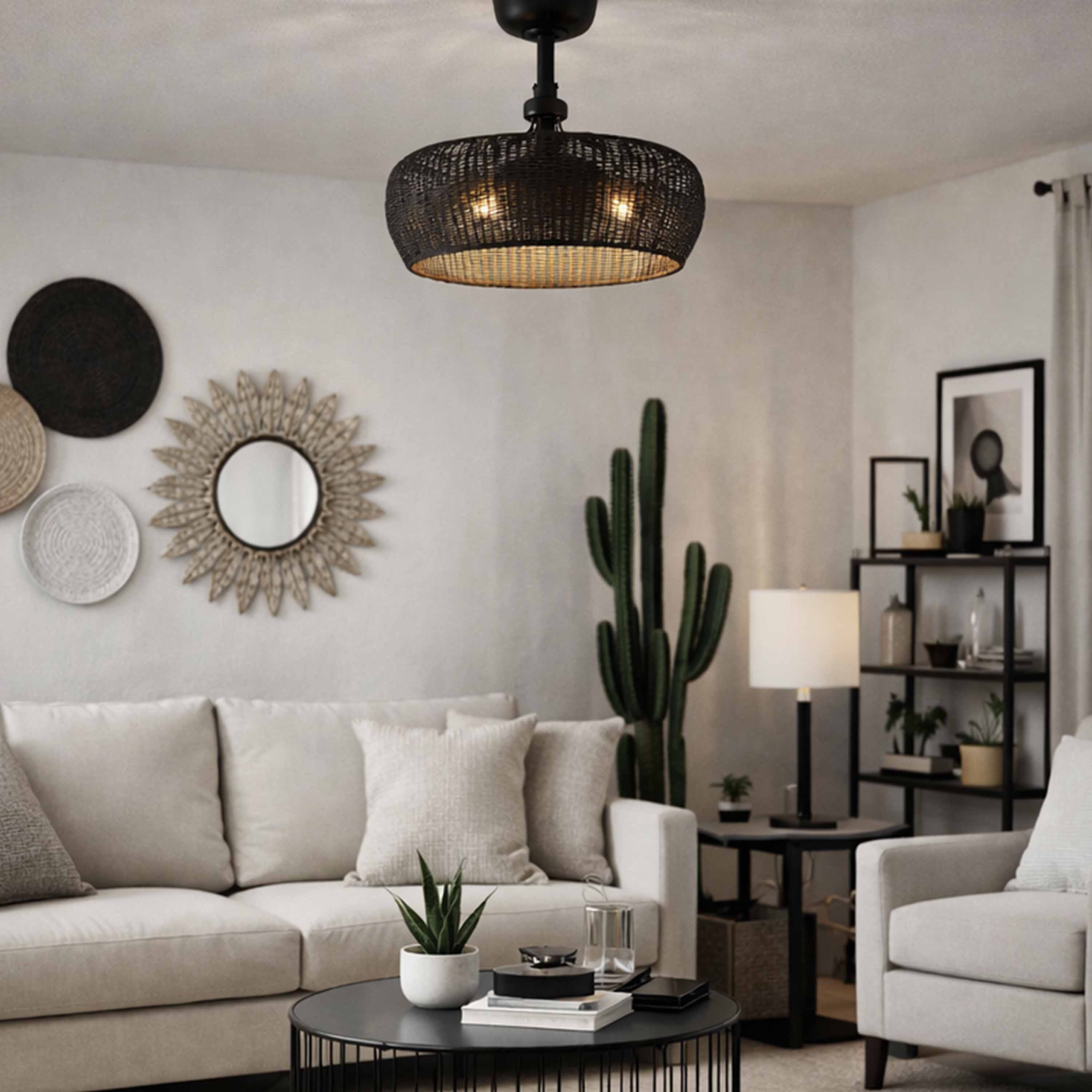 MARIBEL® Fandelier- 22" Rattan Shade Ceiling Fan- Matte Black - Image 9