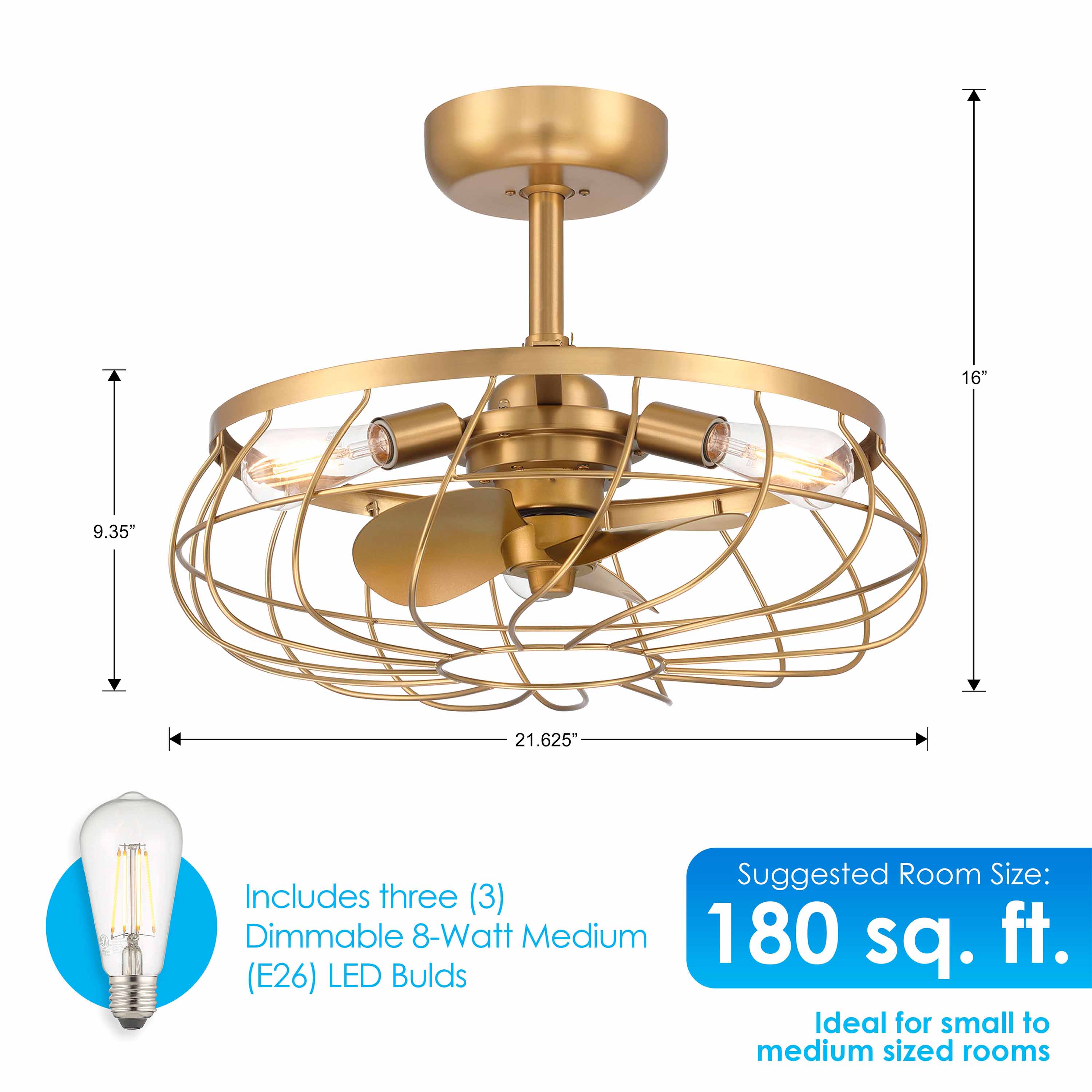SANTIAGO® 22" Caged Ceiling Fan - Aged Brass Finish - Image 3