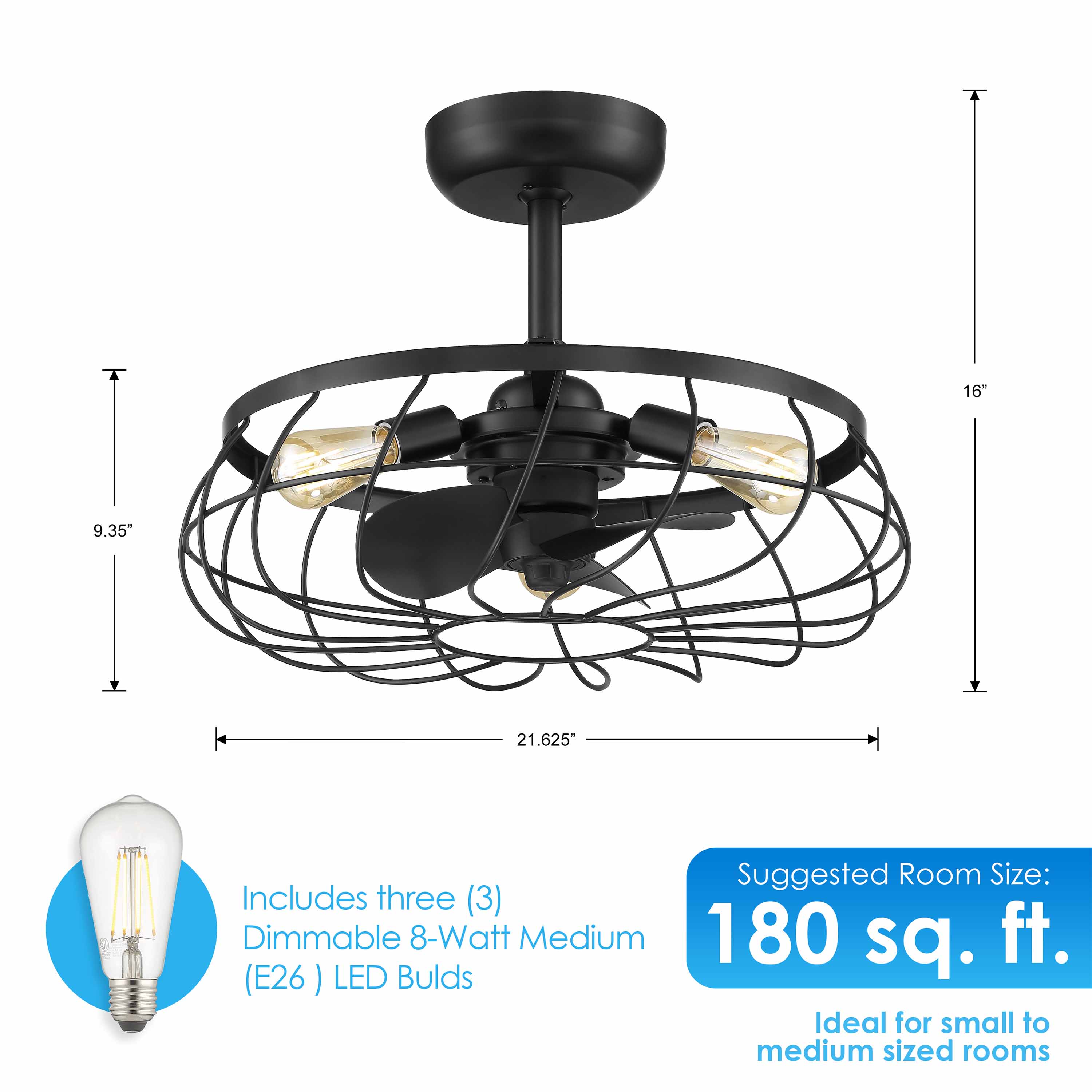 SANTIAGO® 22" Caged Ceiling Fan - Matte Black Finish - Image 3