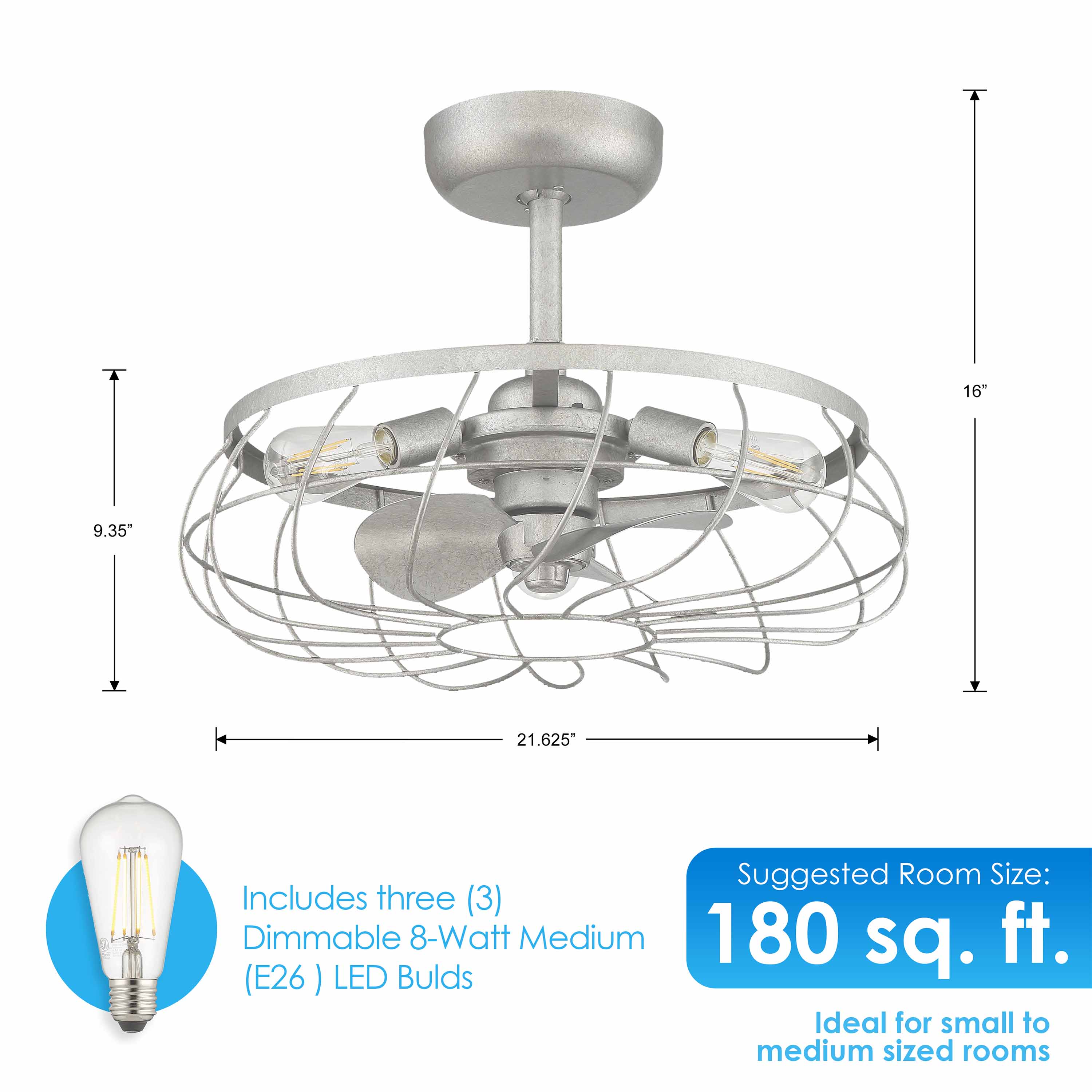SANTIAGO® 22" Caged Ceiling Fan - Galvanized Finish - Image 3